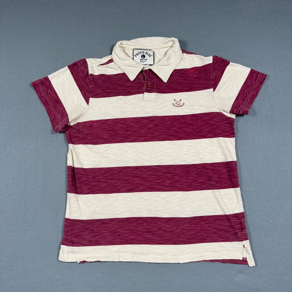 Pacific Blue Mens Polo Shirt Large Burgundy White Striped Slub Knit Casual Logo